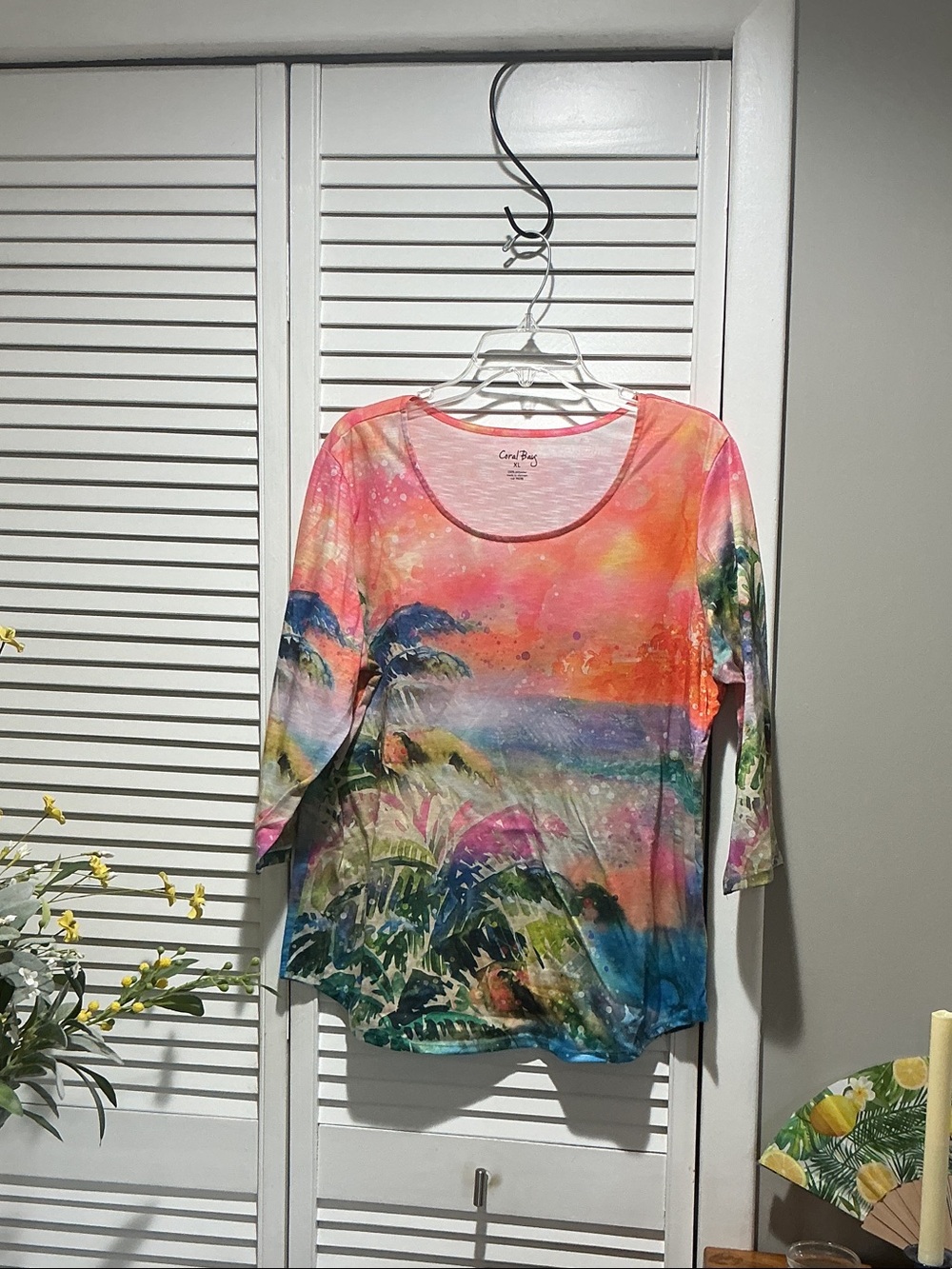 Coral Bay Multicolor Tropical Scoop Neck Long Sleeve Top
